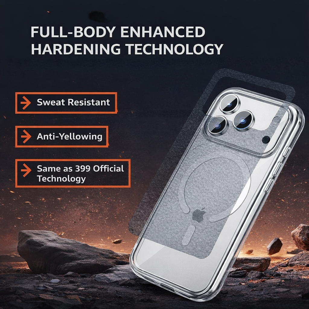 Haomirui phone case crafted with an original factory-level process, compatible with iPhone 17 Pro Max / iPhone 16 series, featuring a cured hardening anti-yellowing technology and a one-piece injection molding process.