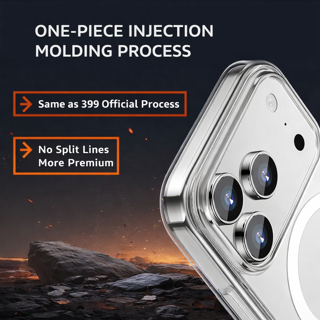 Haomirui phone case crafted with an original factory-level process, compatible with iPhone 17 Pro Max / iPhone 16 series, featuring a cured hardening anti-yellowing technology and a one-piece injection molding process.