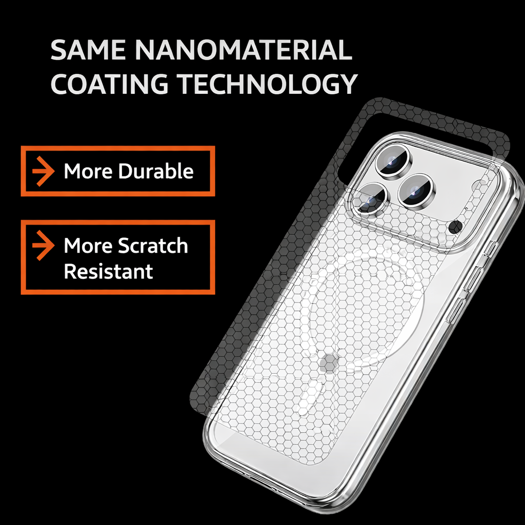 Haomirui phone case crafted with an original factory-level process, compatible with iPhone 17 Pro Max / iPhone 16 series, featuring a cured hardening anti-yellowing technology and a one-piece injection molding process.