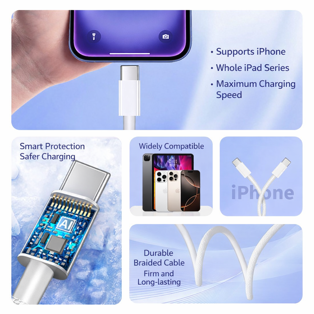 Haomirui 65W PD Fast Charging Cable | Dual USB-C Braided Cable | Designed for iPhone 17 Series | Charge & Data Sync